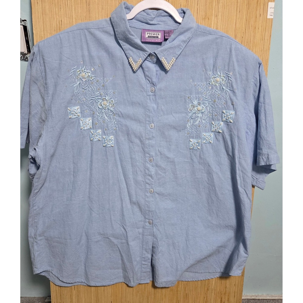Premier International 3X‎ Blue Cotton Embroidered Pearl Beaded Button Up Shirt